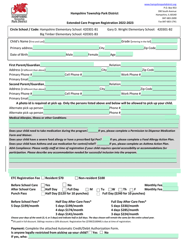 Extended Care Program Registration 2022 2023 screenshot