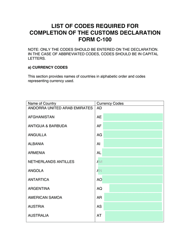 Customs Declaration Form C 100 screenshot