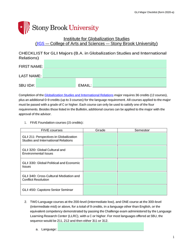 GLI Major Checklist (Form 2020 A) screenshot