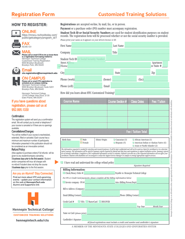 Hennepin Technical College Registration Form screenshot