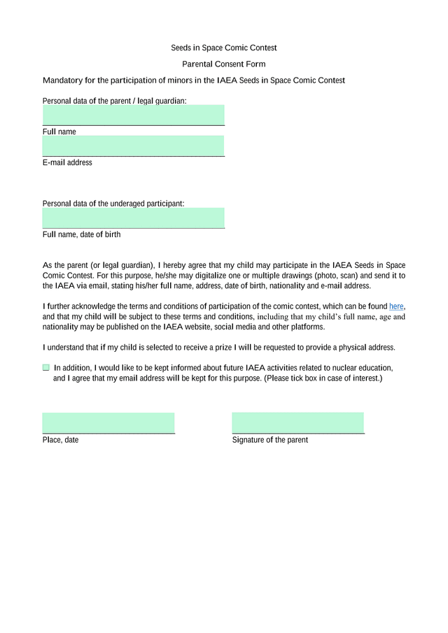 Seeds In Space Comic Contest Parental Consent Form screenshot