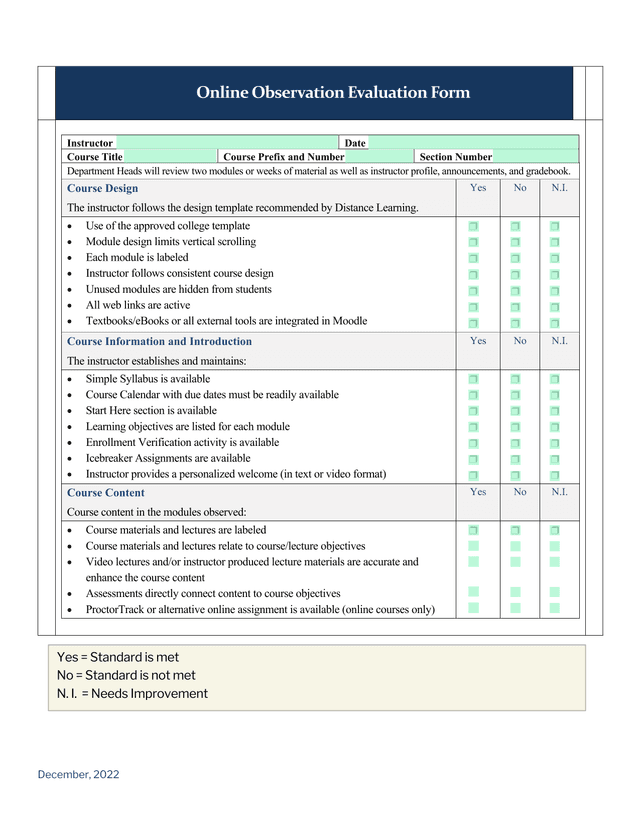 Online Observation Evaluation Form screenshot