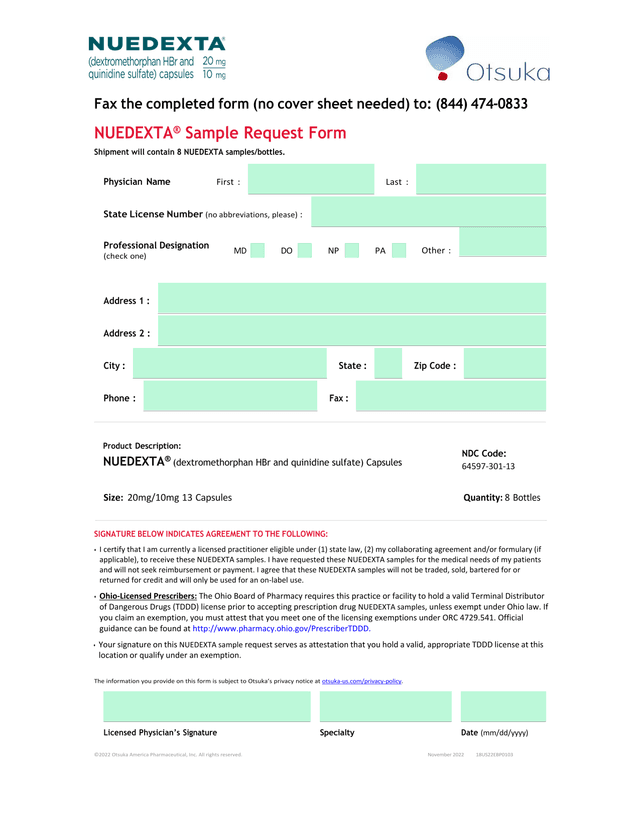 NUEDEXTA Sample Request Form screenshot