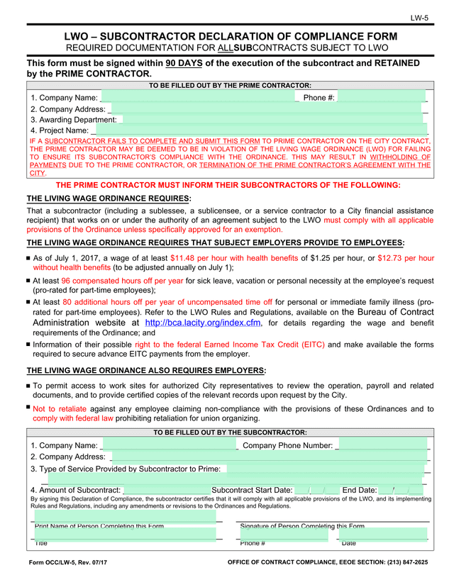 LWO  SUBCONTRACTOR DECLARATION OF COMPLIANCE FORM screenshot