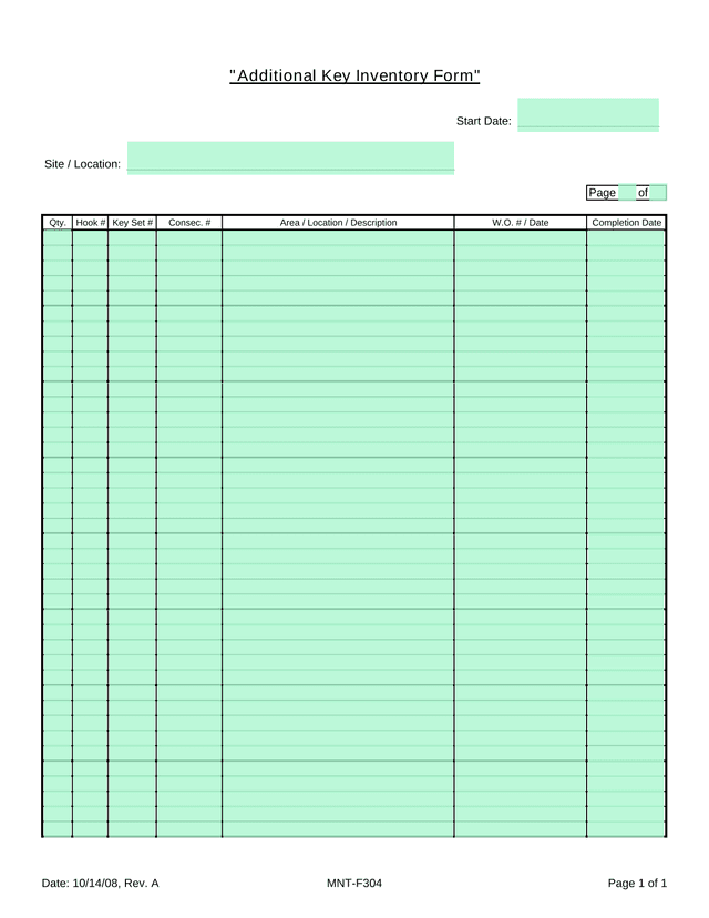 Additional Key Inventory Form screenshot