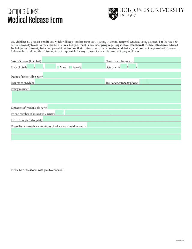 Campus Guest Medical Release Form screenshot