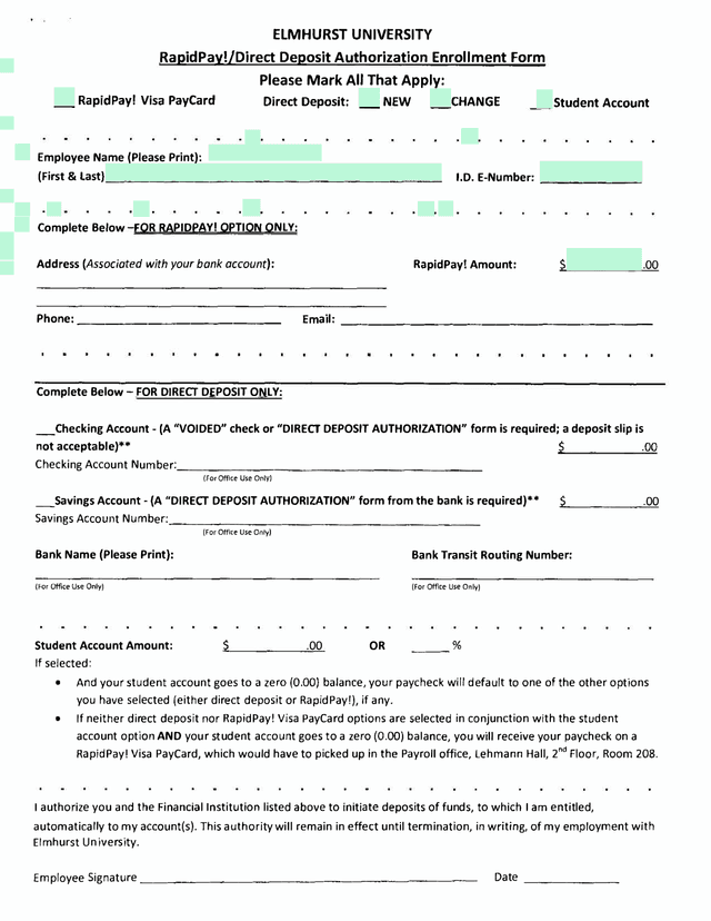 RapidPayDirect Deposit Authorization Enrollment Form screenshot