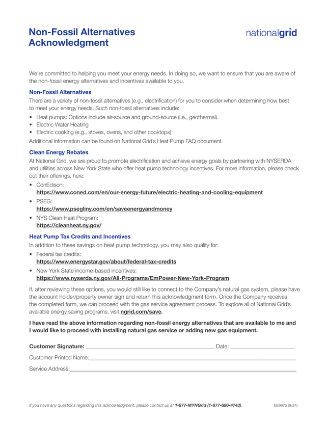 Non Fossil Energy Alternatives Acknowledgment Form screenshot
