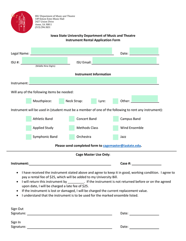 Instrument Rental Application Form screenshot