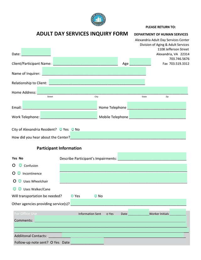 Adult Day Services Inquiry Form screenshot