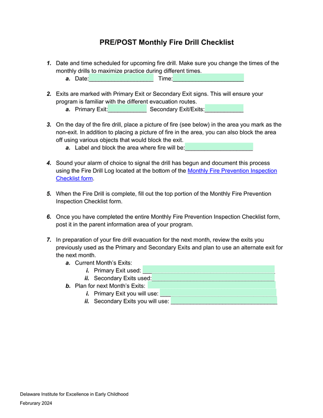 PREPOST Monthly Fire Drill Checklist screenshot