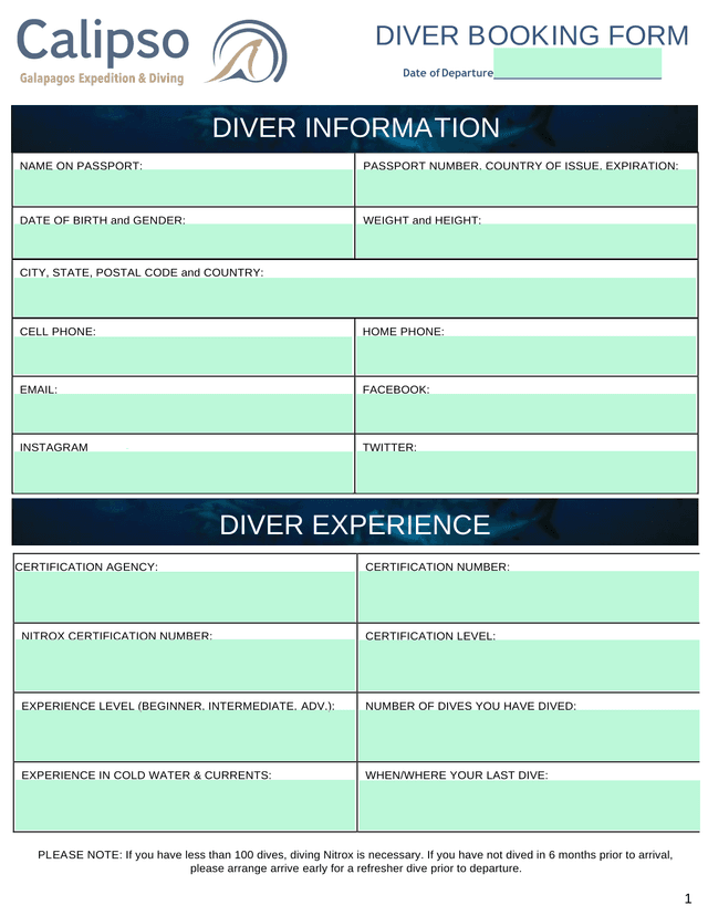 DIVER BOOKING FORM screenshot