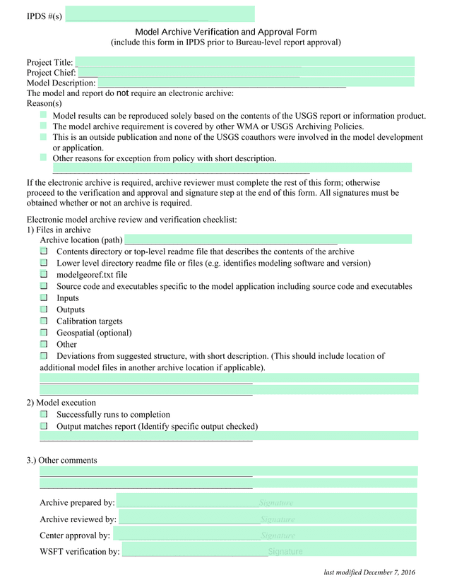 Model Archive Verification And Approval Form screenshot