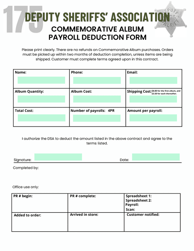 Deputy Sheriffs Association Commemorative Album Payroll Deduction Form screenshot