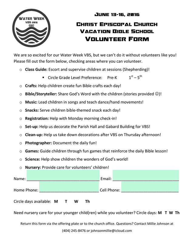 Vacation Bible School Volunteer Form screenshot