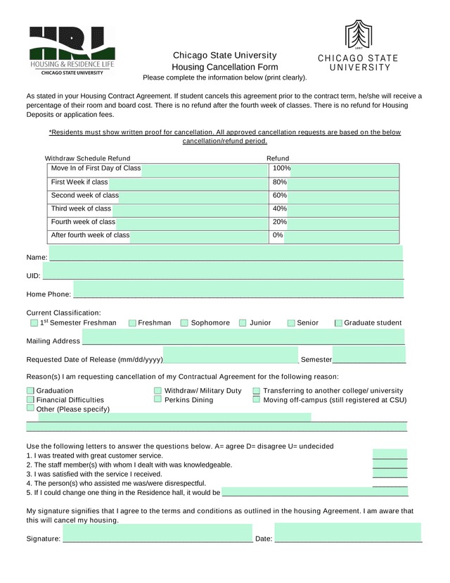Chicago State University Housing Cancellation Form screenshot