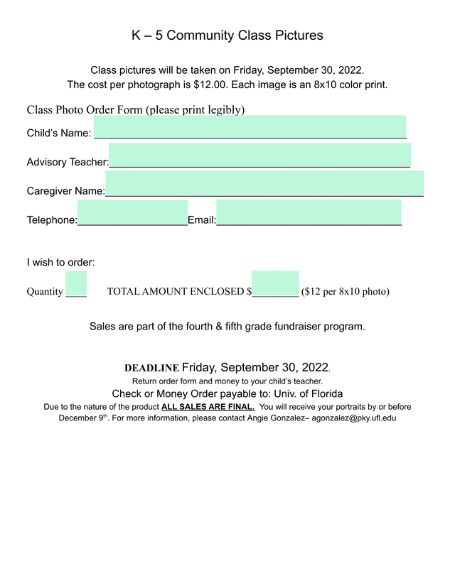 K  5 Community Class Pictures Order Form screenshot