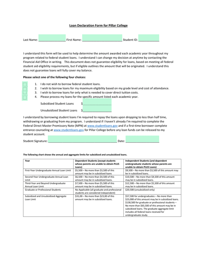 Loan Declaration Form For Pillar College screenshot