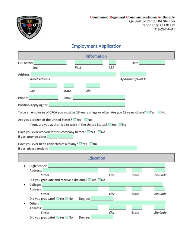 Employment Application screenshot