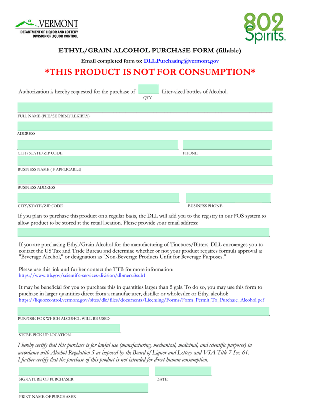 EthylGrain Alcohol Purchase Form screenshot