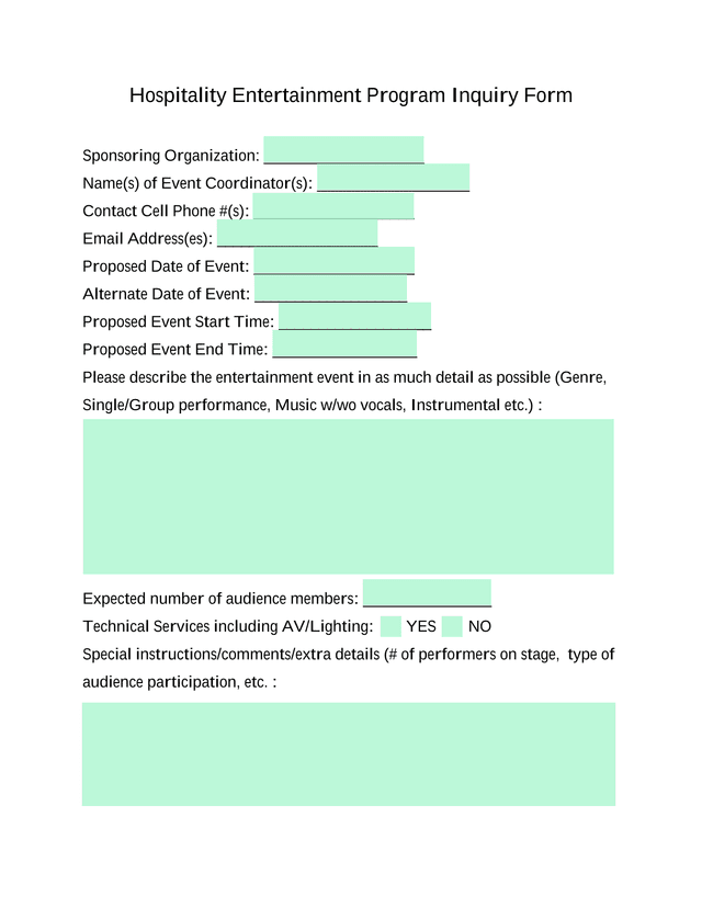 Hospitality Entertainment Program Inquiry Form screenshot