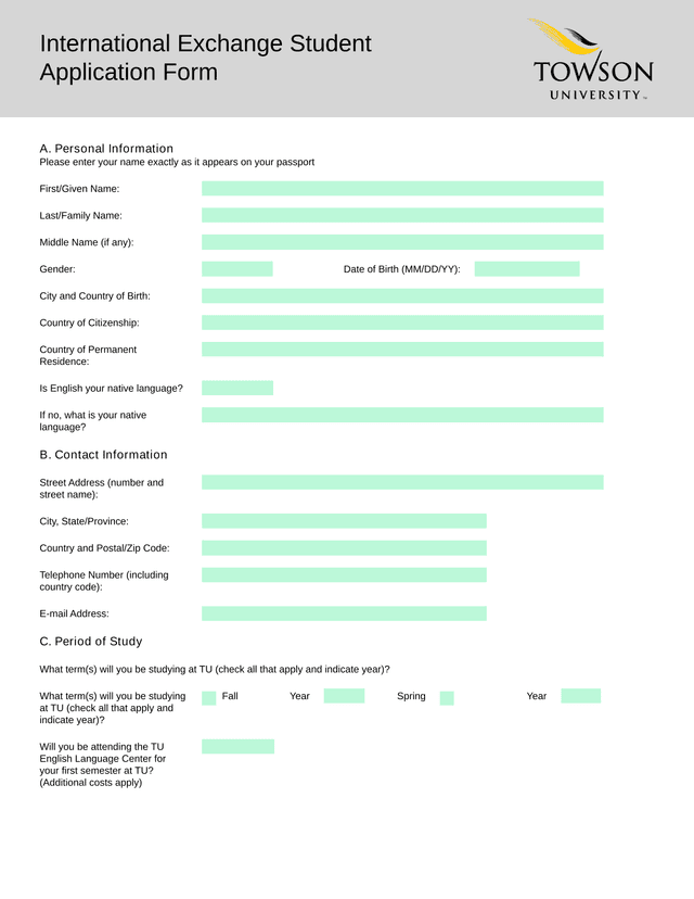 International Exchange Student Application Form screenshot