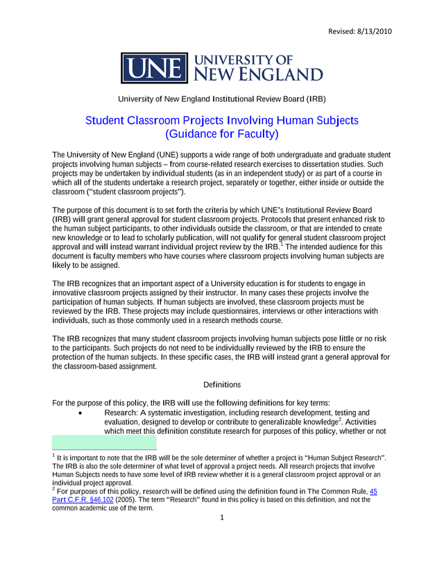 Student Classroom Projects Involving Human Subjects (Guidance For Faculty) screenshot