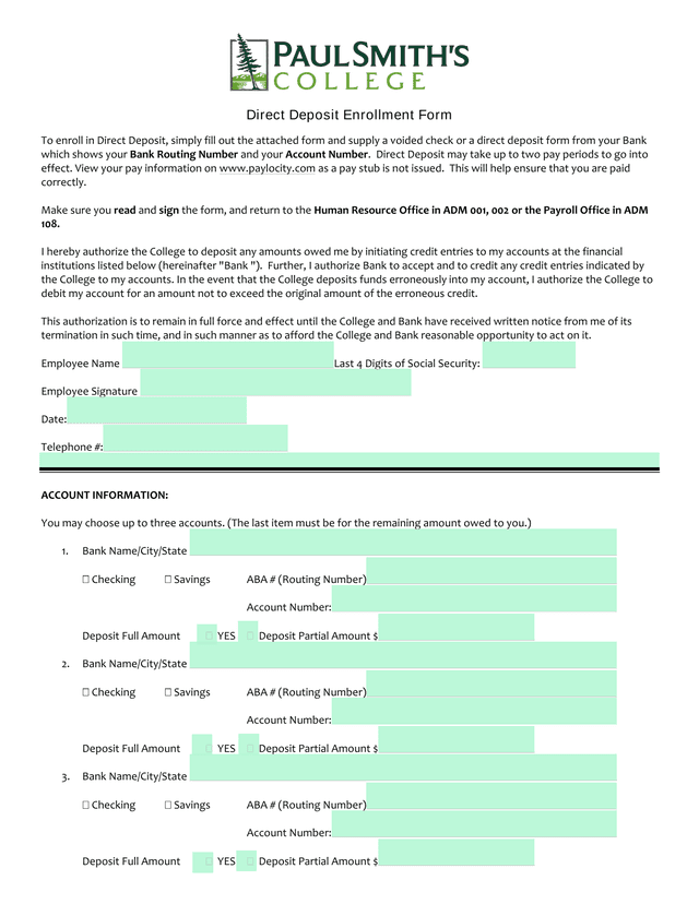 Direct Deposit Enrollment Form screenshot