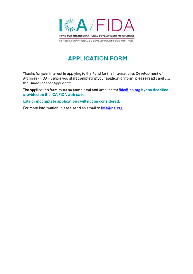 FIDA Application Form screenshot