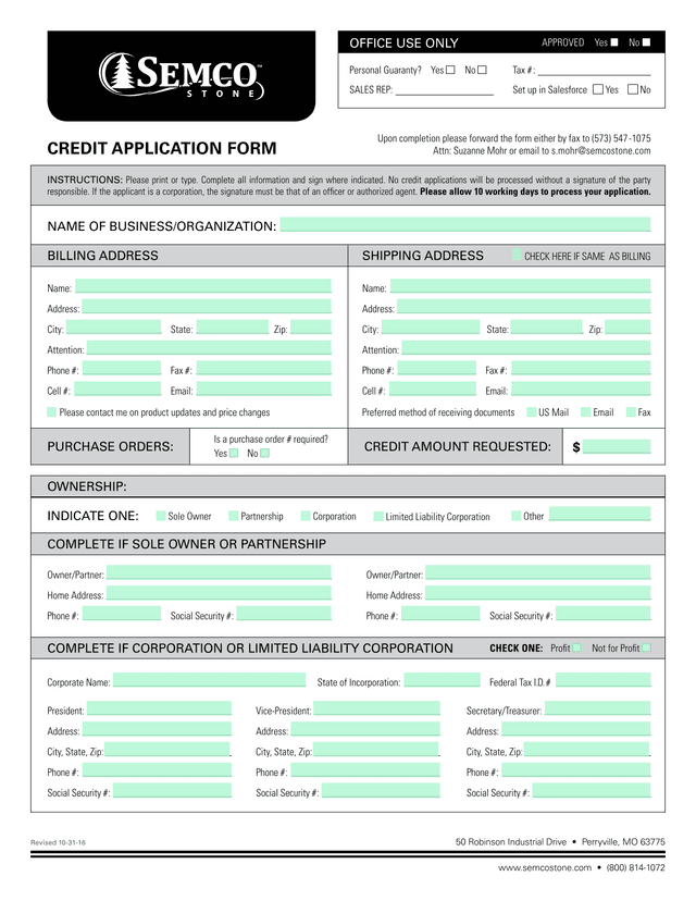 Credit Application Form screenshot