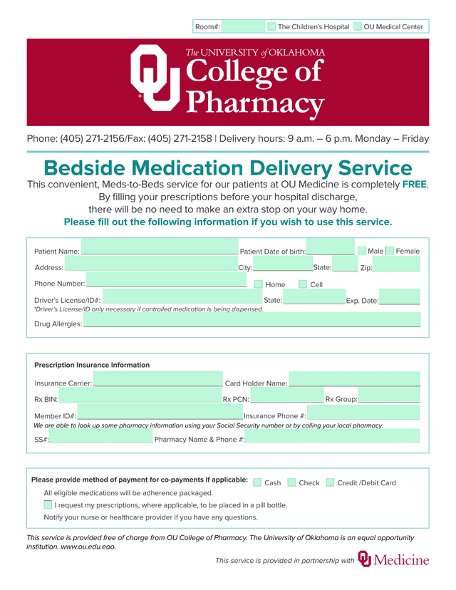 Bedside Medication Delivery Service Form screenshot