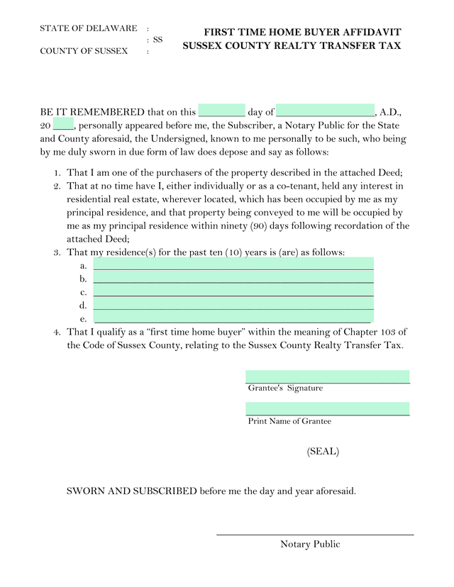 First Time Home Buyer Affidavit screenshot