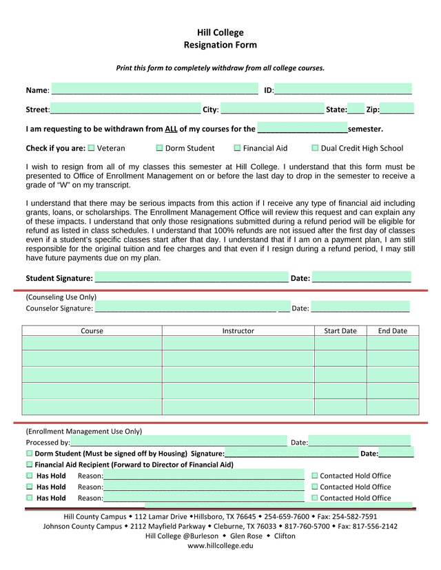 Hill College Resignation Form screenshot