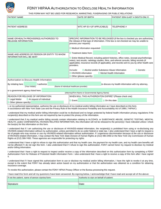 FDNY HIPAA AUTHORIZATION TO DISCLOSE HEALTH INFORMATION screenshot