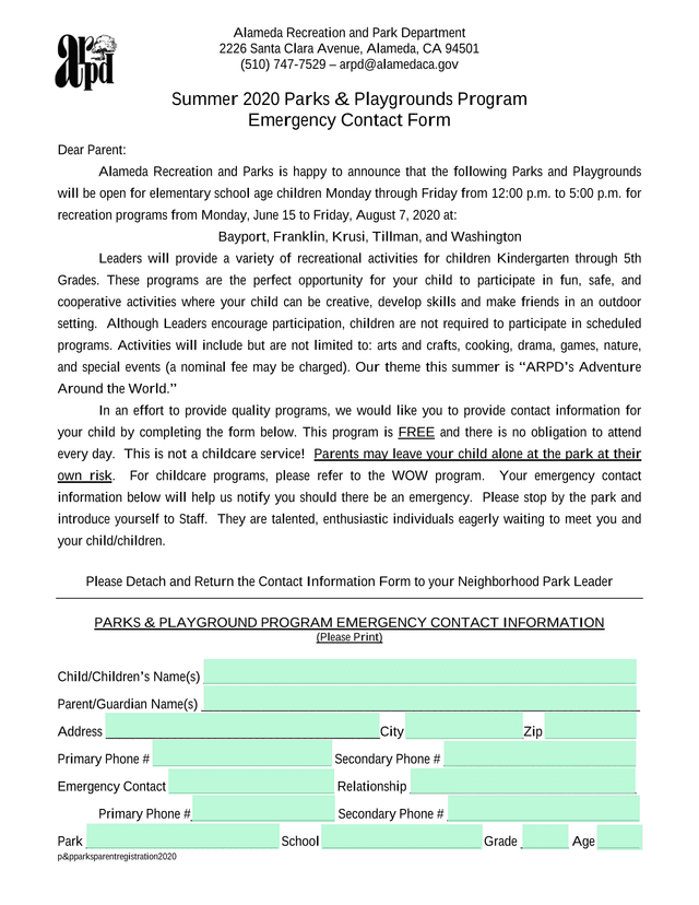 Summer 2020 Parks  Playgrounds Program Emergency Contact Form screenshot