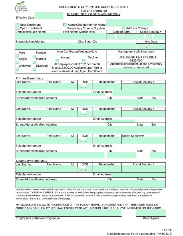 SCUSD Sun Life Insurance Beneficiary Change  Update Form screenshot