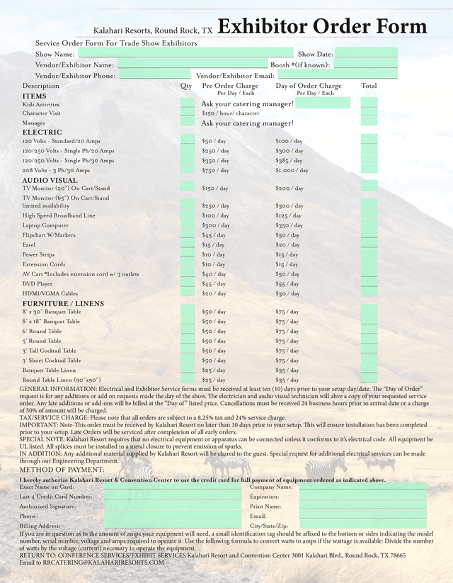 Service Order Form For Trade Show Exhibitors screenshot