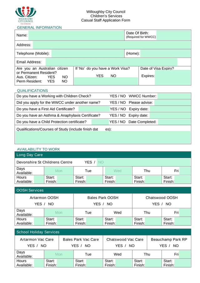 Casual Staff Application Form screenshot