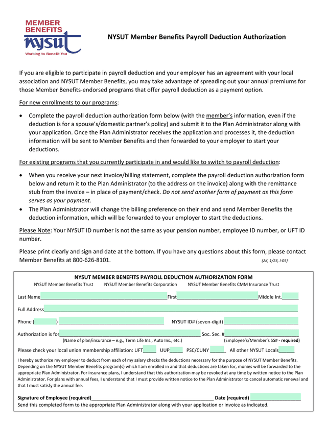 NYSUT Member Benefits Payroll Deduction Authorization screenshot