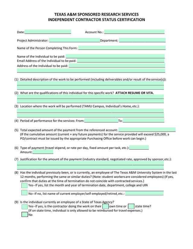 Independent Contractor Status Certification screenshot