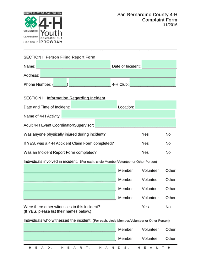 San Bernardino County 4 H Complaint Form screenshot