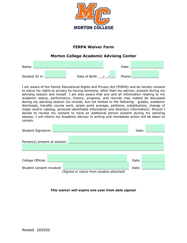 FERPA Waiver Form screenshot