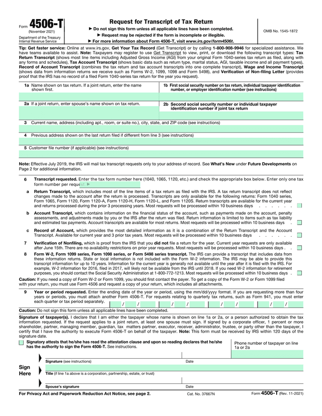 Form 4506 T screenshot