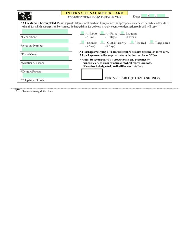 University Of Kentucky Postal Service International Meter Card screenshot