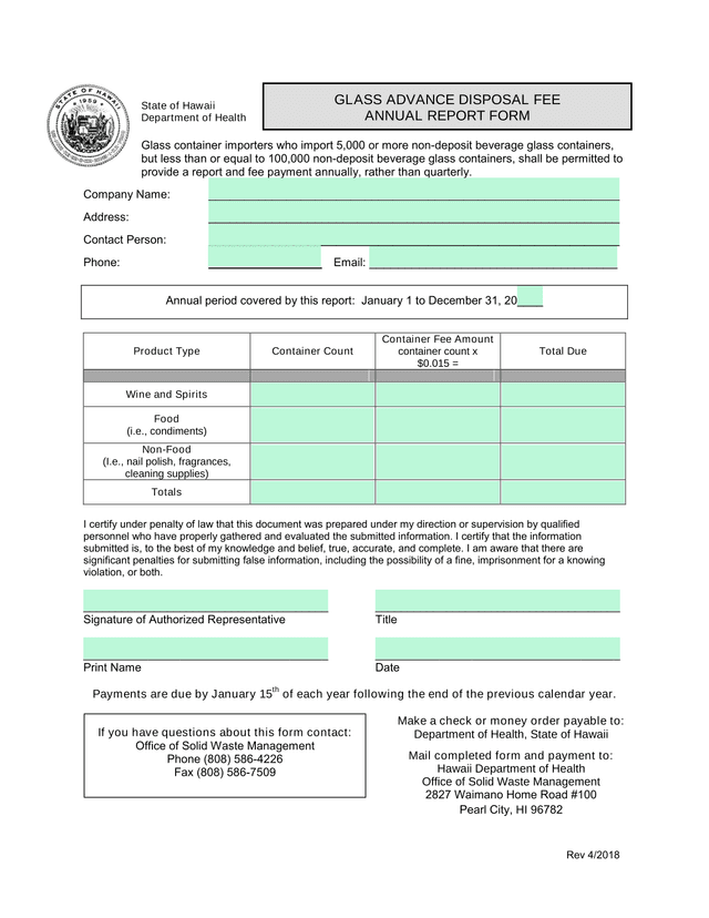 Glass Advance Disposal Fee Annual Report Form screenshot
