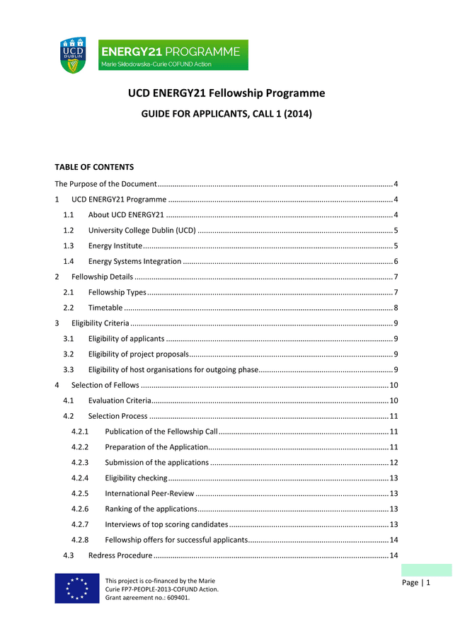 UCD ENERGY21 Fellowship Programme Guide For Applicants, Call 1 (2014) screenshot