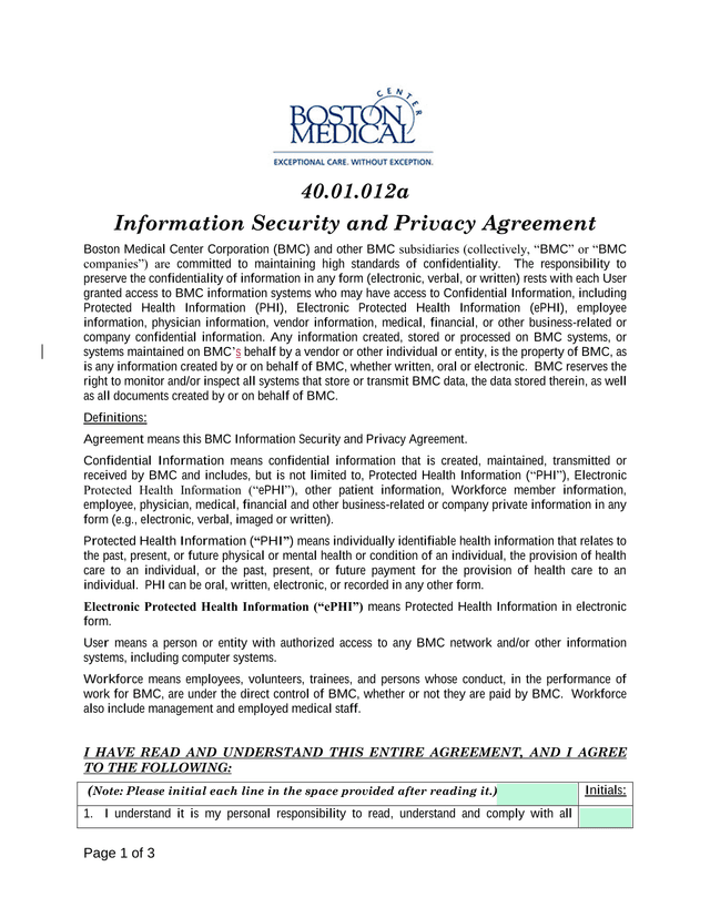 40.01.012a Information Security And Privacy Agreement screenshot
