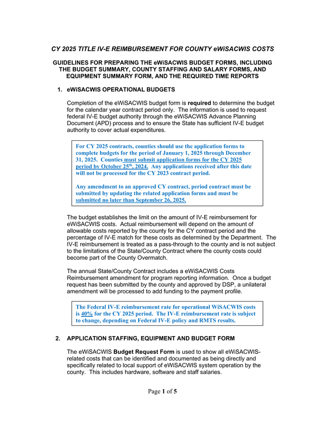 CY 2025 TITLE IV E REIMBURSEMENT FOR COUNTY EWiSACWIS COSTS screenshot
