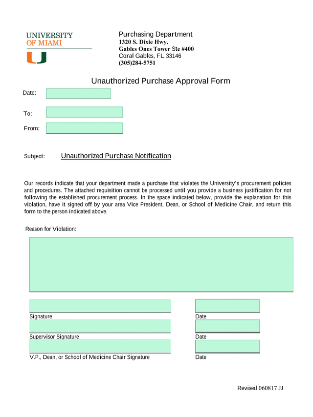 Unauthorized Purchase Approval Form screenshot