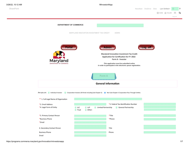 Maryland Innovation Investment Tax Credit Application For Certification For FY 2022 Form A   Investo screenshot